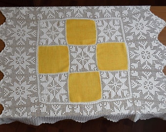 Vintage Crochet Handmade Tablecloth.yellow cotton cloth Crochet Doily lace - 88 cm x 80 cm.Beautiful Decor for Your Room, Gift idea