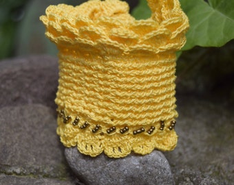 Yellow Cuff Bracelet, Crochet Bracelet, Beaded Crochet Cuff, Cuff Bracelet, Boho Cuff Bracelet, Crochet Jewelry