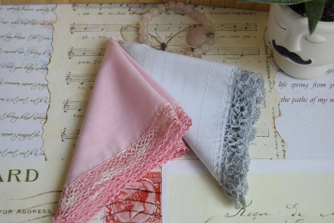 Colored Handkerchiefs,set of 2,hand Knitted Lace,cotton Fabric With