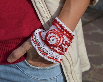 White bracelet with red beads,  gift for Valentine's Day, White Crochet Cuff, Beaded Cuff Bracelet, Romantic Boho , Crochet Jewelry