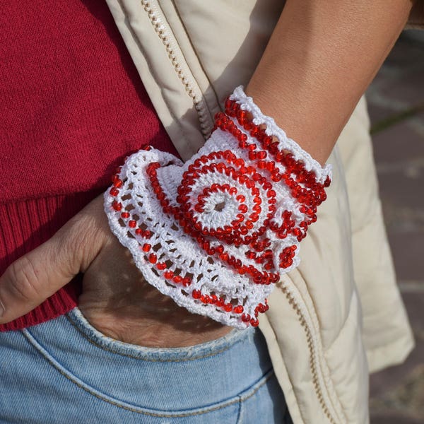 White bracelet with red beads,  gift for Valentine's Day, White Crochet Cuff, Beaded Cuff Bracelet, Romantic Boho , Crochet Jewelry