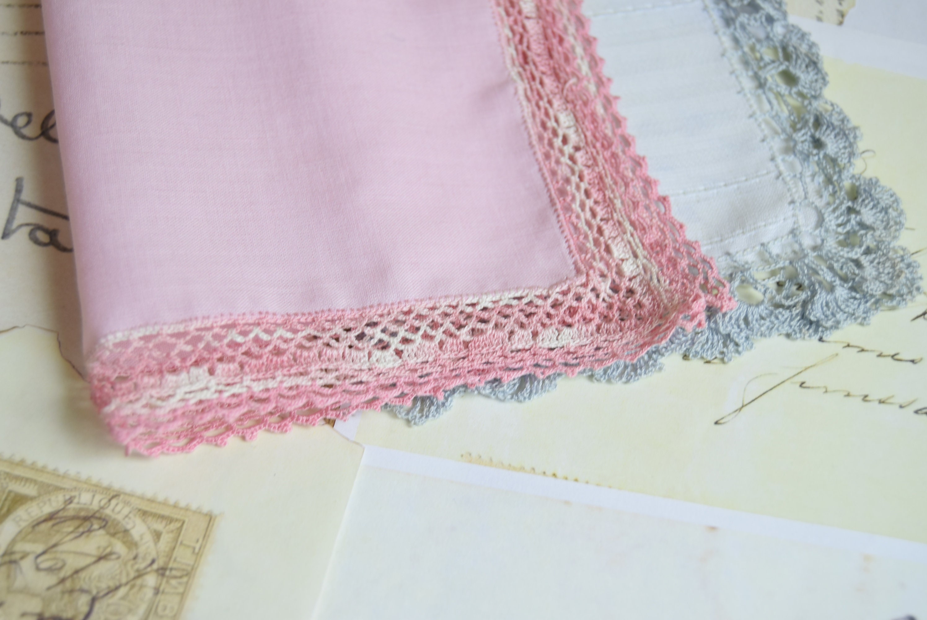 Colored Handkerchiefs,set of 2,hand Knitted Lace,cotton Fabric With