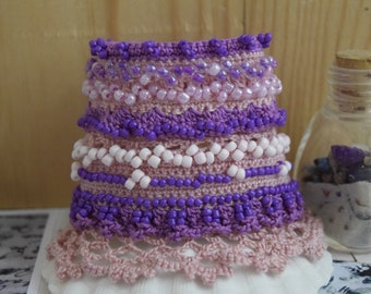 Purple-pink bracelet,Crochet Lace, Purple Crochet Cuff, Beaded Cuff Bracelet, Romantic Boho , Crochet Jewelry, Crochet cuff, Rustic Jewelry
