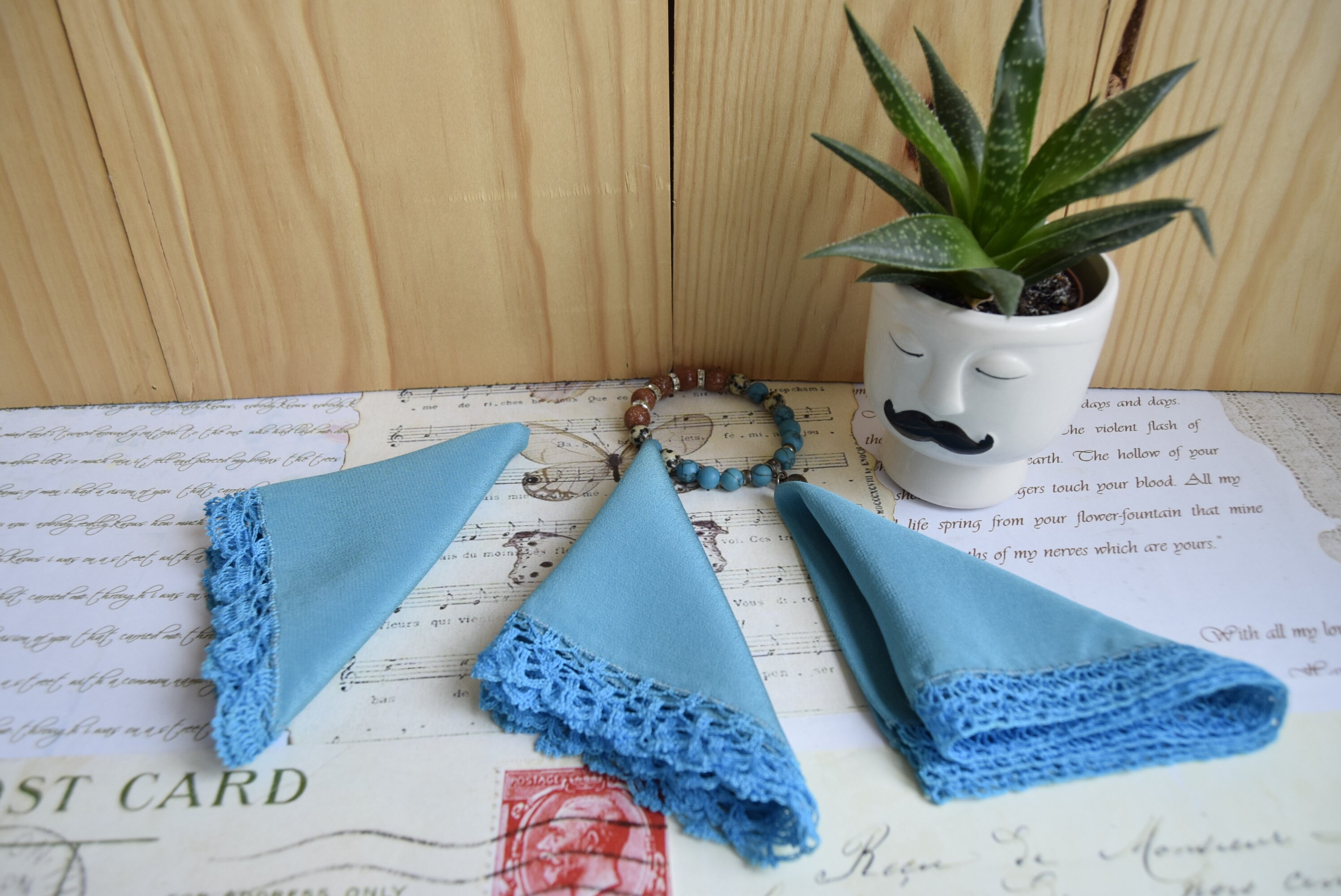 Colored Handkerchiefs,set of 3,hand Knitted Lace,vintage Silk With Lace