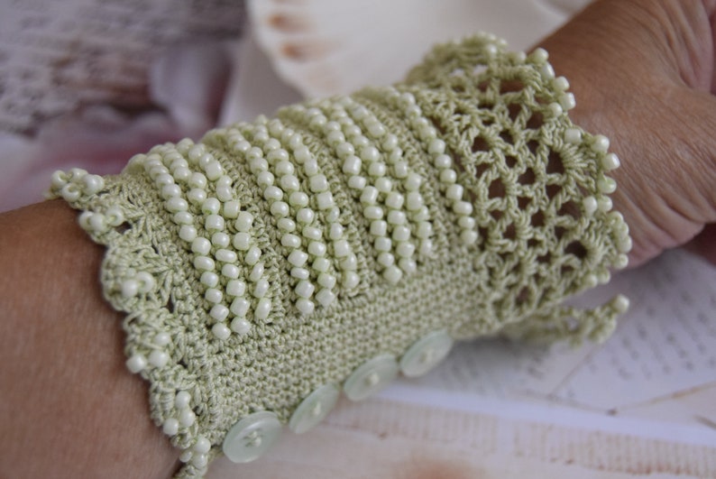 Green Cuff Bracelet,Valentine's Day gift, Crochet Bracelet, Beaded Crochet Cuff, Cuff Bracelet, Boho Cuff Bracelet, Crochet Jewelry image 4