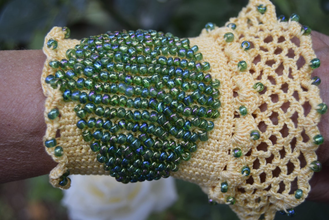 Yellow Cuff Bracelet,valentine's Day Gift, Crochet Bracelet, Beaded
