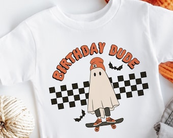 Halloween Birthday Boy Shirt: Birthday Dude Skating Ghost Checkered Tee
