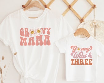 Young Wild And Three Birthday Matching Family Shirts, Groovy 3rd Birthday Girl Shirt, Retro Third Pink Birthday Outfit, Mommy and Me Shirts