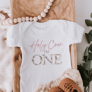 Holy Cow I'm One Birthday Shirt Boho Cow Pink Pampas Highland Birthday Outfit Holy Cow I'm One First Birthday Matching Family Mommy and Me