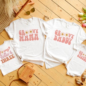 Young Wild And Three Birthday Shirt, Groovy 3rd Birthday Outfit, Retro Third Pink Birthday Outfit, Mommy and Me Shirts, Matching Family Tees