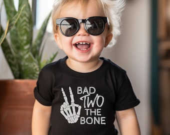 Bad Two The Bone 2nd Birthday Shirt: Halloween Skeleton Outfit