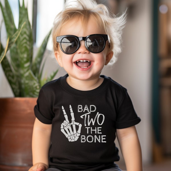 Bad Two The Bone Birthday Matching Family Shirts 2nd Second Birthday Outfit Skeleton Rock Biker Halloween Birthday Mommy and Me Tees
