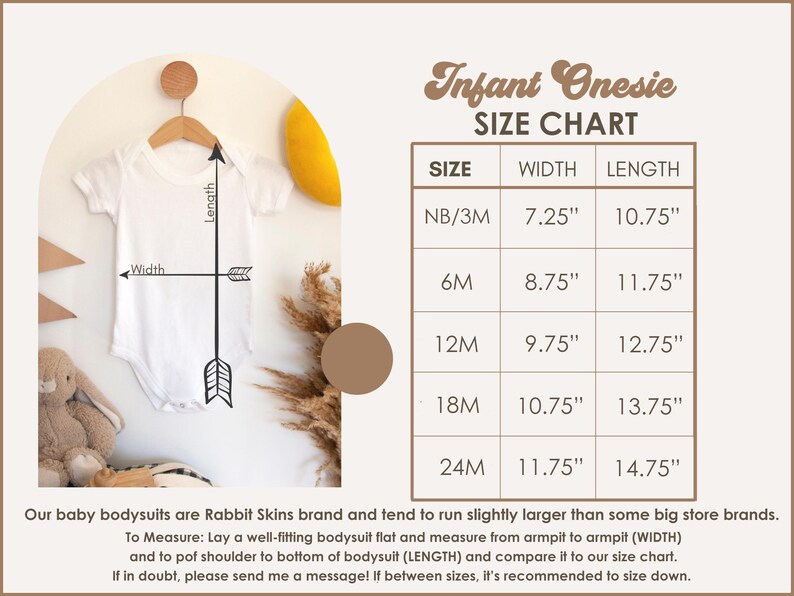 May include: Infant onesie size chart with measurements in inches. The chart shows the width and length of the onesie for sizes NB/3M, 6M, 12M, 18M, and 24M.