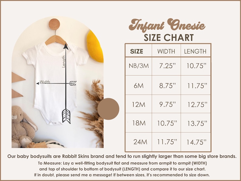 May include: Infant onesie size chart with measurements in inches. The chart shows the width and length of onesies in sizes NB/3M, 6M, 12M, 18M, and 24M.