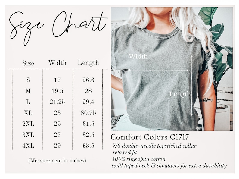 K&ouml;nnte beinhalten: Gr&ouml;&szlig;entabelle f&uuml;r ein T-Shirt mit Ma&szlig;en in Zoll f&uuml;r die Gr&ouml;&szlig;en S bis 4XL. Die Tabelle zeigt die Breite und L&auml;nge des T-Shirts in Zoll. Der Text "Comfort Colors C1717" ist ebenfalls sichtbar, zusammen mit Details zur Konstruktion des T-Shirts, darunter ein 7/8-Doppelnahtkragen, eine lockere Passform, 100 % Ringspinn-Baumwolle und ein mit K&ouml;perband eingefasster Hals- und Schulterbereich f&uuml;r zus&auml;tzliche Strapazierf&auml;higkeit.