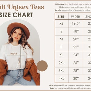 May include: Size chart for adult unisex tees. The chart shows sizes XS to 4XL with corresponding width and length measurements in inches.  The chart is displayed on a white background with brown accents.