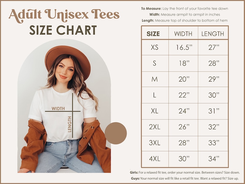 May include: Size chart for adult unisex tees. The chart shows sizes XS to 4XL with corresponding width and length measurements in inches.  The chart is displayed on a white background with brown accents.