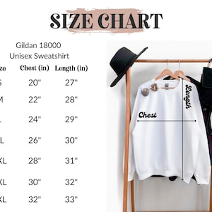 May include: Size chart for a Gildan 18000 unisex sweatshirt. The chart shows chest and length measurements in inches for sizes S through 4XL.