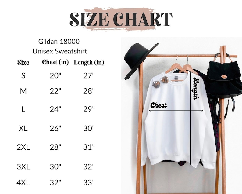 K&ouml;nnte beinhalten: Gr&ouml;&szlig;entabelle f&uuml;r ein Gildan 18000 Unisex-Sweatshirt. Die Tabelle zeigt Brust- und L&auml;ngenma&szlig;e in Zoll f&uuml;r die Gr&ouml;&szlig;en S bis 4XL.