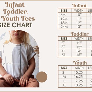 Puede incluir: Tabla de tallas para camisetas de beb&eacute;, ni&ntilde;o peque&ntilde;o y joven. La tabla muestra las medidas de ancho y largo en pulgadas para cada talla.