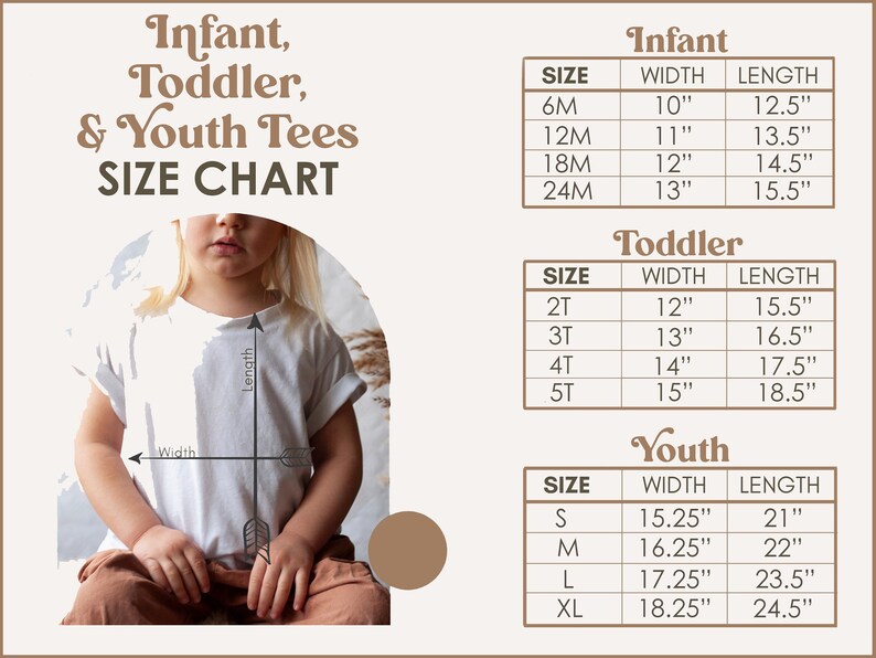 Puede incluir: Tabla de tallas para camisetas de beb&eacute;, ni&ntilde;o peque&ntilde;o y joven. La tabla muestra las medidas de ancho y largo en pulgadas para cada talla.