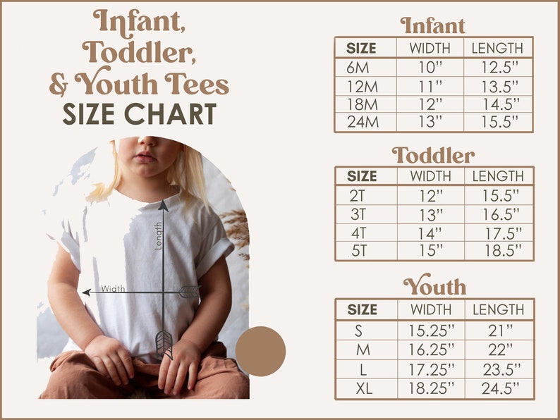 May include: Size chart for infant, toddler, and youth t-shirts. The chart shows the width and length measurements in inches for each size.