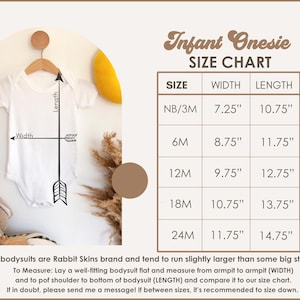 May include: Infant onesie size chart with measurements in inches. The chart shows the width and length of the onesie for sizes NB/3M, 6M, 12M, 18M, and 24M.