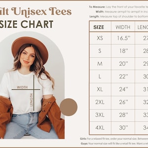 May include: Size chart for adult unisex tees. The chart shows sizes XS to 4XL with corresponding width and length measurements in inches.  The chart is displayed on a white background with brown accents.