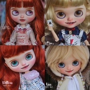 May include: Four dolls with different hairstyles and outfits. The dolls have large eyes and painted-on smiles. The dolls are wearing a variety of outfits, including a pink and white dress with a strawberry print, a blue and white dress with a playing card print, a pink and white dress with a bunny print, and a white hooded jacket with a brown fur trim. The dolls are all wearing necklaces. The dolls are all labeled with their names: Ichigo, Riley, Willow, and Leo.