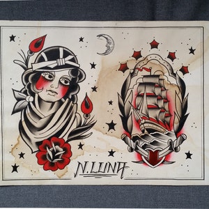 May include: A vintage-style tattoo flash sheet with two designs. The first design is a woman with a red rose and a crescent moon. The second design is a ship with a heart and two crossed swords. The sheet is signed "N. LUND".