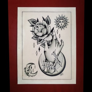 May include: Black and white illustration of a hand holding a rose with thorns, surrounded by a crescent moon, a sun, and stars. The image is signed "N.L."