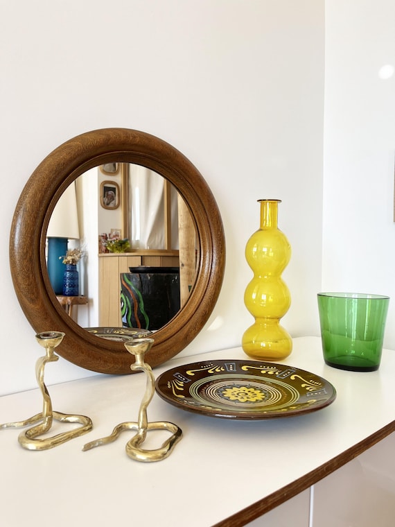 Large round antique solid wood mirror, 49cm