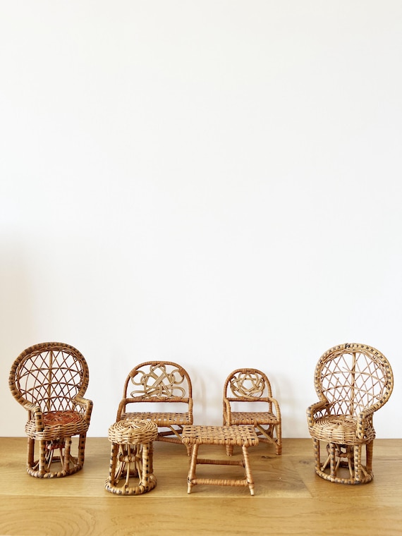 Vintage set of miniature wicker furniture for a dollhouse, 1970s