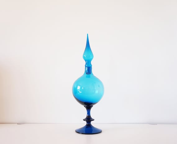 Italian glassware, bottle or carafe on vintage foot in blue blown glass EMPOLI