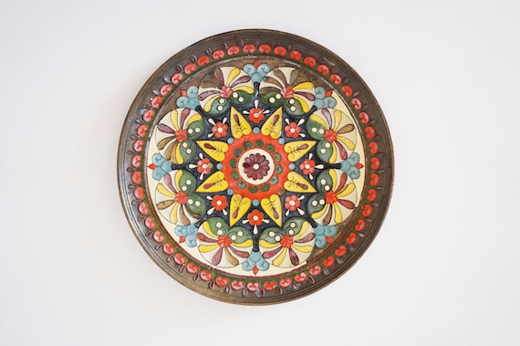 Vintage round brass and colored enamel plaque "Mandala"