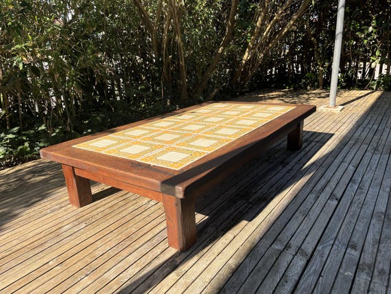 Large vintage oak and ceramic coffee table from the 1960s
