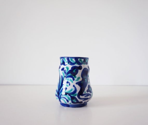 Blue White Green Spanish Ceramic Pot or Mini Vase