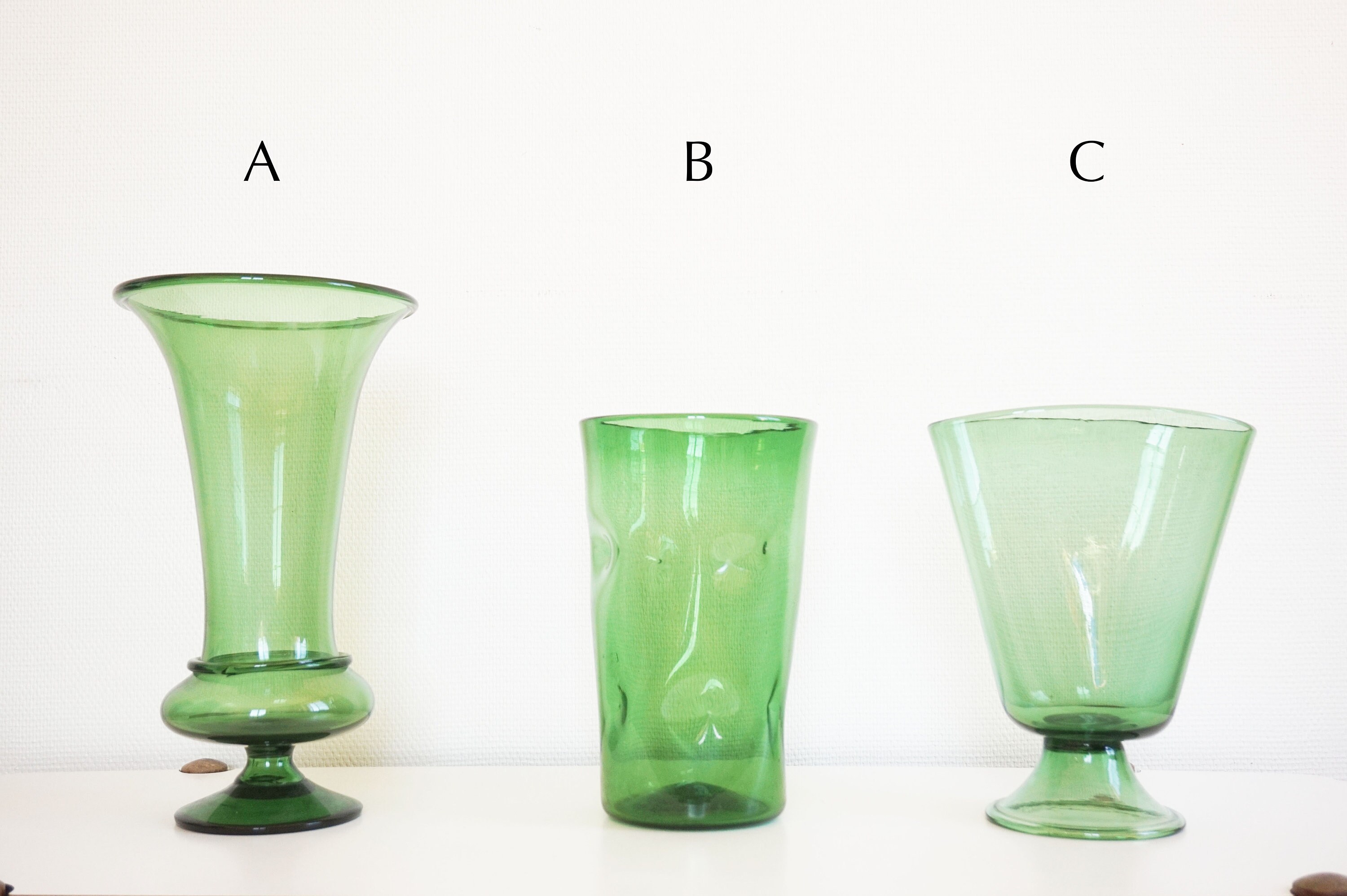Large blown glass vases green Italian Empoli 1950