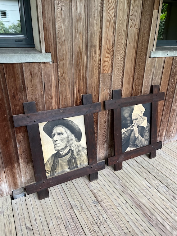 Pair of large antique brutalist wooden frames