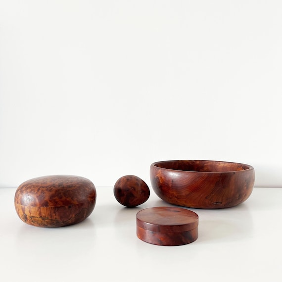 Vintage elm burl bowl and box set