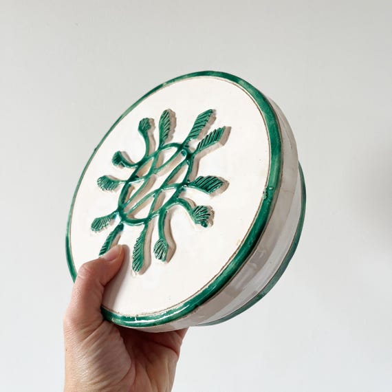 Vintage 1950s white and green embossed ceramic box