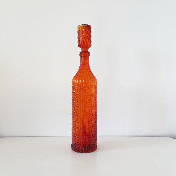 Italian glassware bottle carafe Empoli orange red 1960