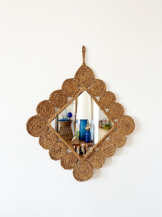 Vintage 1960s braided raffia mirror