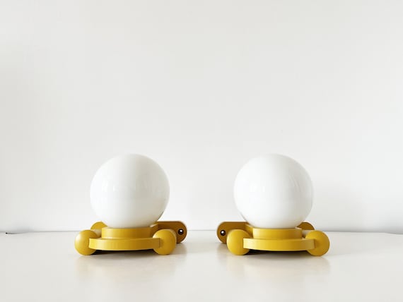 Pair of Tissot wall lights in wood and opaline globe, 1960