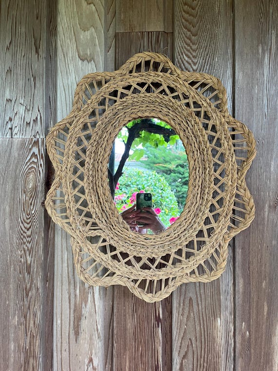 Large vintage woven rush mirror from the 1960s