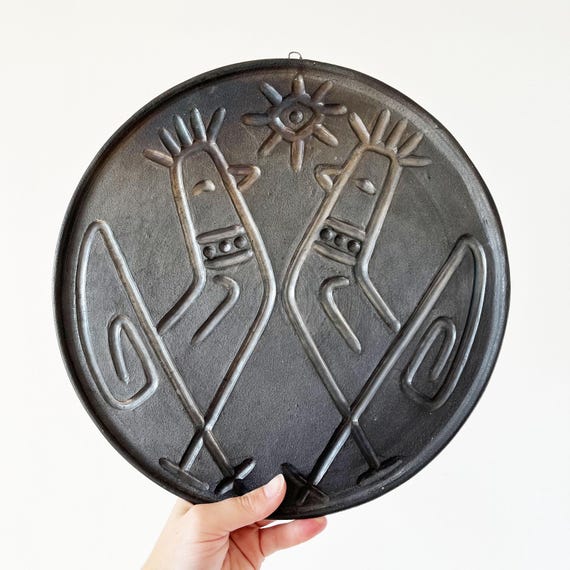 Large black ceramic dish duo of roosters