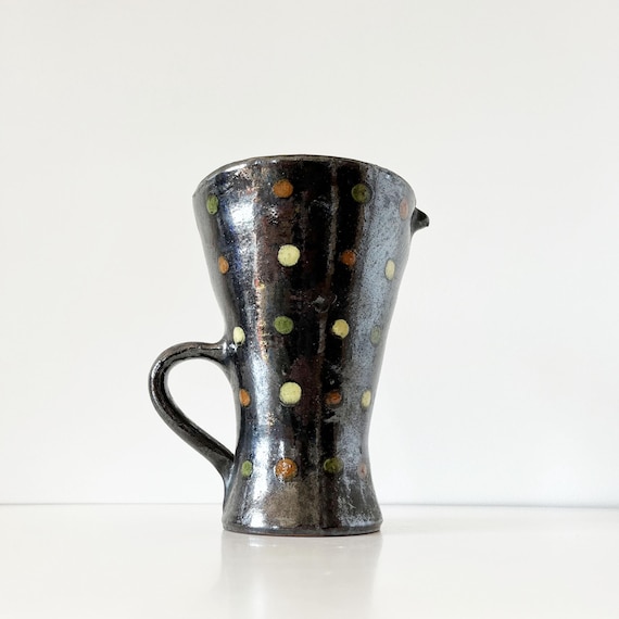 Black iridescent ceramic pitcher or vase 1950