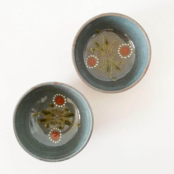 Set of 2 vintage enameled terracotta bowls