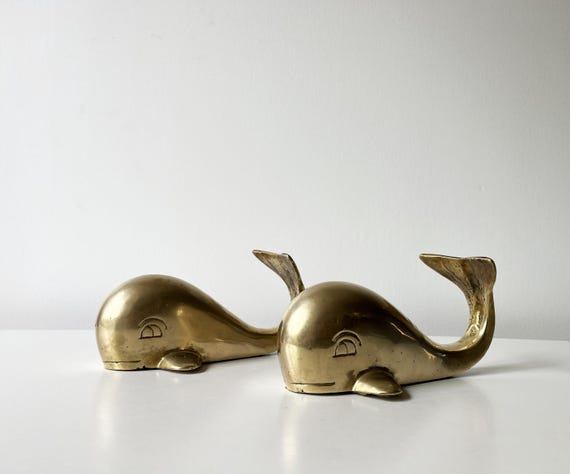 Set of 2 brass whale paperweights, 1970s