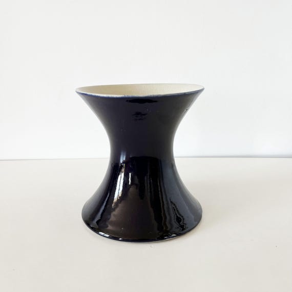 Vintage 1950s navy blue ceramic diabolo vase